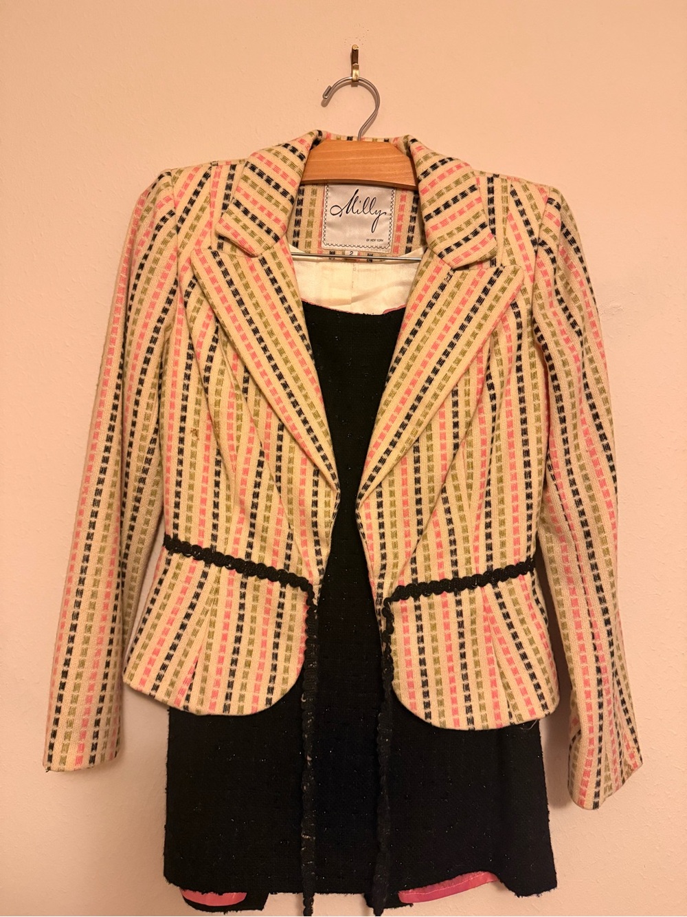 Milly Cream Tweed Blazer with Pink & Black Stripes and black skirt